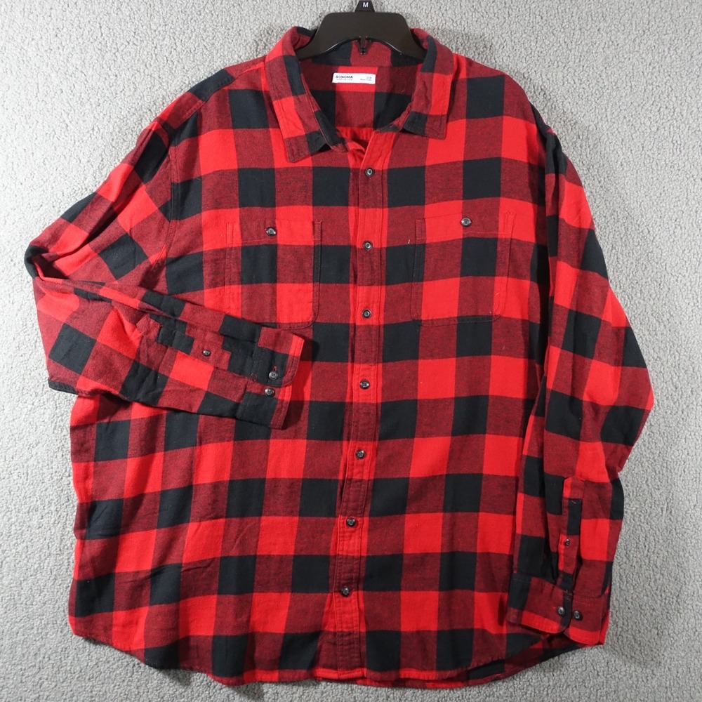 Sonoma Flannel Shirt Men 3XB Tall Chest Pockets Supersoft Double Brushed Red